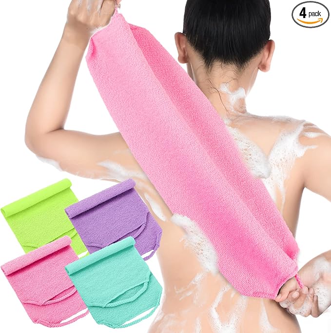 Moukeren Exfoliating Back Scrubber with Handles 4 Pack Nylon Back Exfoliator Extended Length Washers Scrubbers Stretchable Pull Strap Exfoliating Washcloth(Pink,Blue,Fluorescent Green,Purple)