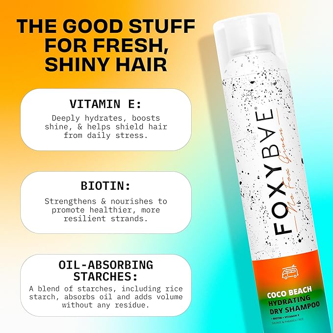 FoxyBae Hydrating Dry Shampoo Spray – Waterless Biotin & Vitamin E Formula – Absorbs Oil, Adds Volume & Texture – Coconut Scent – Coco Beach – 7 fl oz