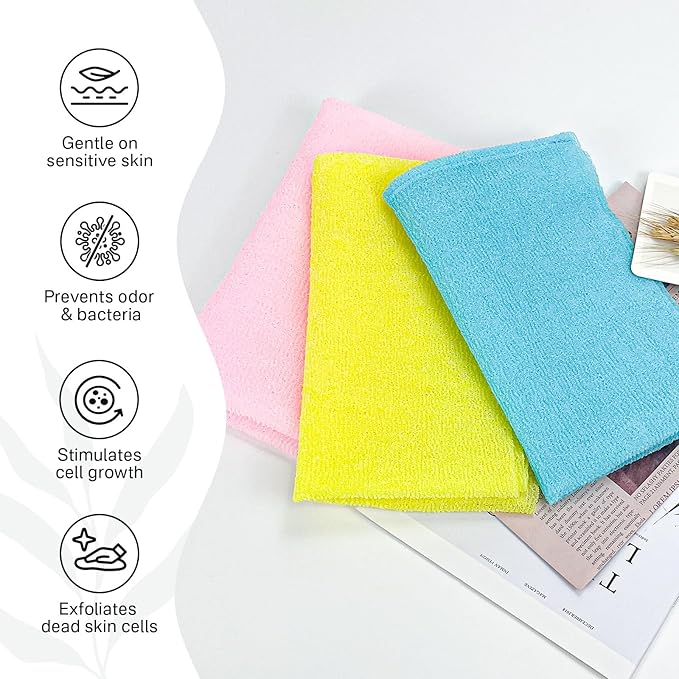 Yiclick Exfoliating Washcloth Towel, Japanese Exfoliating Wash Cloth, Korean Body Scrubber Exfoliator, Back Scrubber Washer for Shower Bath, Body Scrub African Net Sponge Loofah Luffa Colors