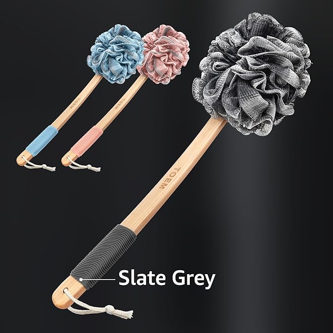 Toem® Loofah Back Scrubber for Shower | Bamboo Charcoal Fiber Infused | Loufas for Men & Women | Includes 1 Long Handled Shower Sponge, 1 Bath & Shower Luffa Pouf & 1 Hook to Hang Stuff (Slate Grey)