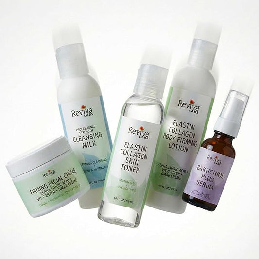 Reviva Labs Spa at Home – 5-Piece Skincare Gift Set for Women – featuring Gentle Facial Cleanser, Toner, Plumping Serum, Firming Cream & Collagen Body Lotion for Winter Skin Care