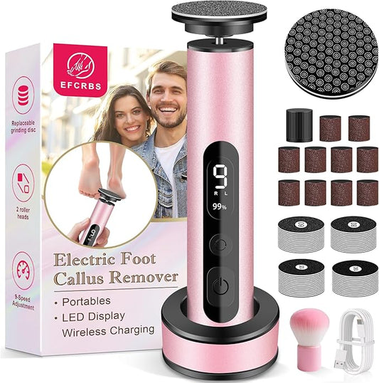 Electric Foot Callus Remover with LED Battery Level & 9-Speed Control Display. Callus Remover for Feet with Wireless Charger, Multi-sandpape (70 Sheets) & Nano Glass Head for Dead Skin (Pink)