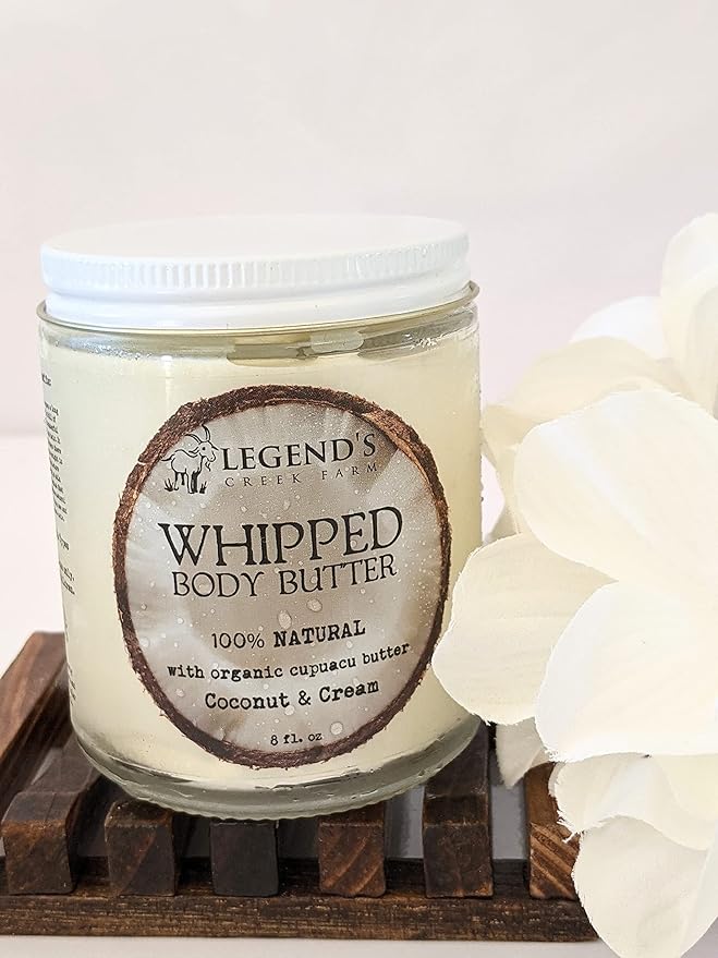 Legend's Creek Farm, Goat Milk Body Butter - Hydrating Natural Body Moisturizer with Organic Shea Butter & Grape Seed Oil - 8 Oz Purifying & Toning Whipped Body Butter (Cupuacu Coconut & Cream)