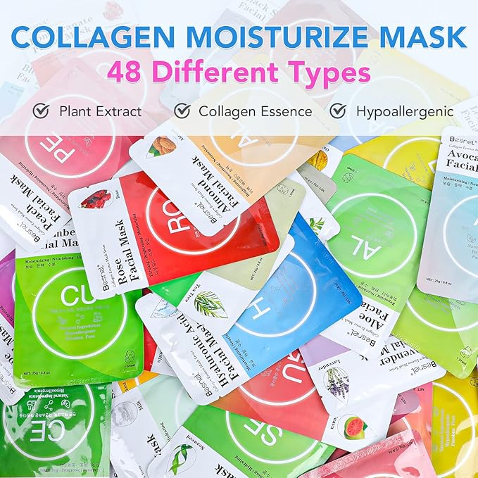 48 Packs Collagen Sheet Facial Masks,Plant Extract and Sodium Hyaluronate,Effective Care for All Skin Types,Skincare Spa Korean Face Mask