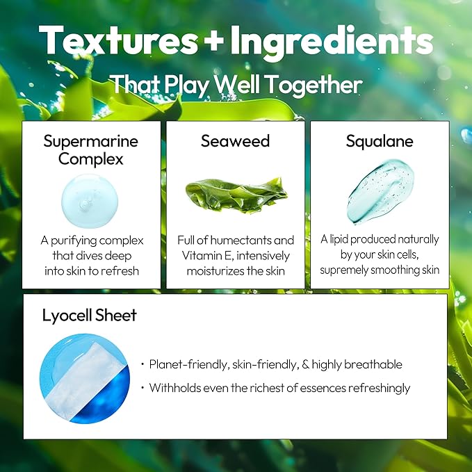 LAPCOS Seaweed Sheet Mask, Daily Face Mask with Hyaluronic Acid to Smooth and Purify Skin, Korean Beauty Favorite, 5-Pack