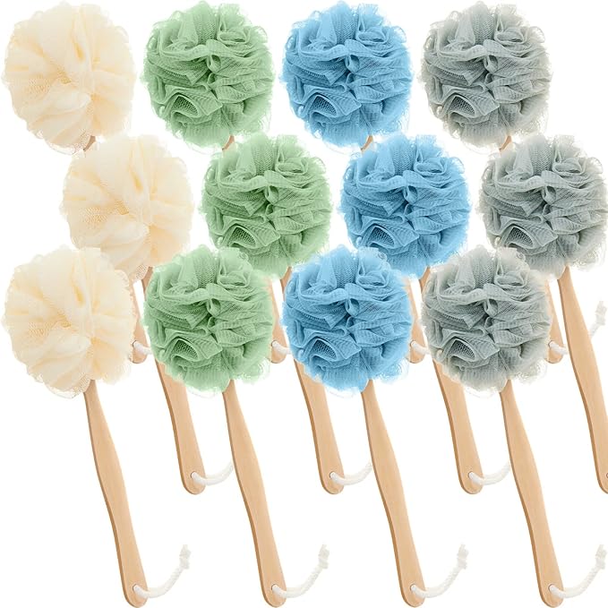 Tessco for you 12 Pcs Large Loofah on a Stick Shower Loofah with Long Handle Back Scrubber for Shower PE Body Bath Sponge Soft Spa Mesh Brush Wash Exfoliating Luffas for Men Women(Dark Color)