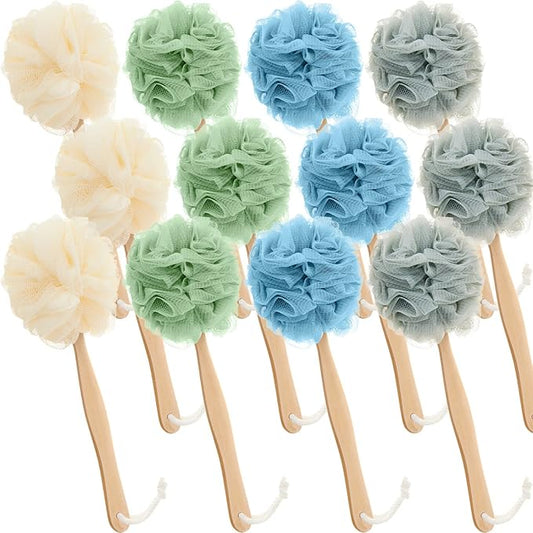 Tessco for you 12 Pcs Large Loofah on a Stick Shower Loofah with Long Handle Back Scrubber for Shower PE Body Bath Sponge Soft Spa Mesh Brush Wash Exfoliating Luffas for Men Women(Dark Color)
