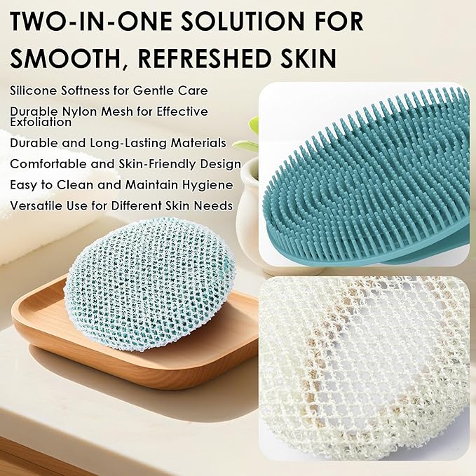 INNERNEED 2 Pieces African Net Sponge Exfoliating Shower Mesh Bath Washcloth Case, with 1 Silicone Body Scrubber Brush (DarkGreen)