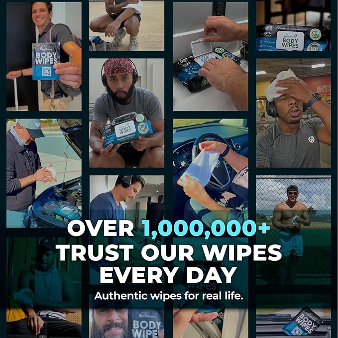 Travel Body Wipes for Men - 20 XL Shower Wipes for Adults Bathing No Rinse - Individually Wrapped 10”x10” Disposable Washcloths, Face Towels, Gym Mens Deodorant Sheets, Camping Essentials & Must Haves
