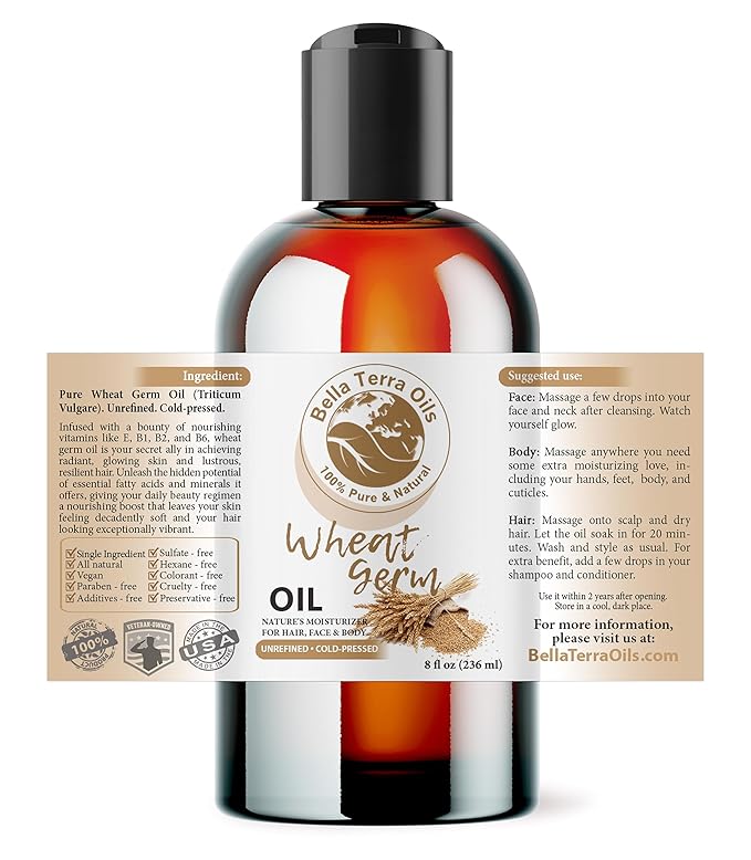 Bella Terra Oils - Organic Wheat Germ Oil 8 oz - Potent Vitamin E Oil for Skin, Celebrate Beauty with Essential Nutrients, The Pinnacle of Face Oils