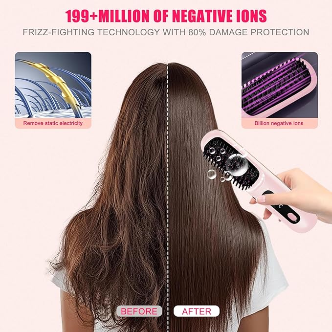 New Go Brush Pro 2025 Cordless Hair Straightener Brush - 20s Fast Heat Up, 50 Min Runtime, 199M Frizz-Fighting Ions, 4-Temp & LED, 3200mAh USB-C, Auto Shut-Off, Travel-Friendly (Pink)