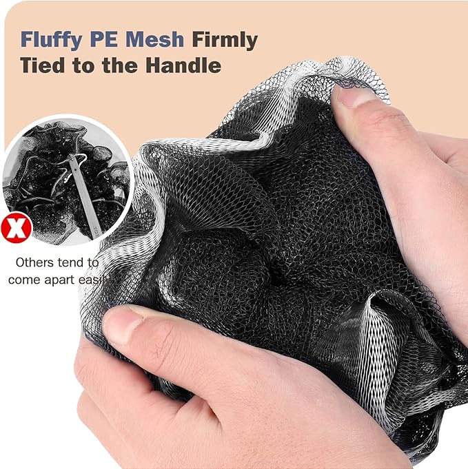 Non-Slip Back Scrubber with 17" Plastic Handle, Hand Shower Loofah & Loofah on a Stick Set, Black with White Edge