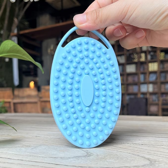 Premium Sensory Brush for Kids or Autism,Soft Silicone Body Scrubber,2 in 1 Sensory Room Occupational Therapy Brushes,Silicone Loofah,Pet Shower Brush Bath Brush Shampoo Brush(hangable-Oval-Blue)