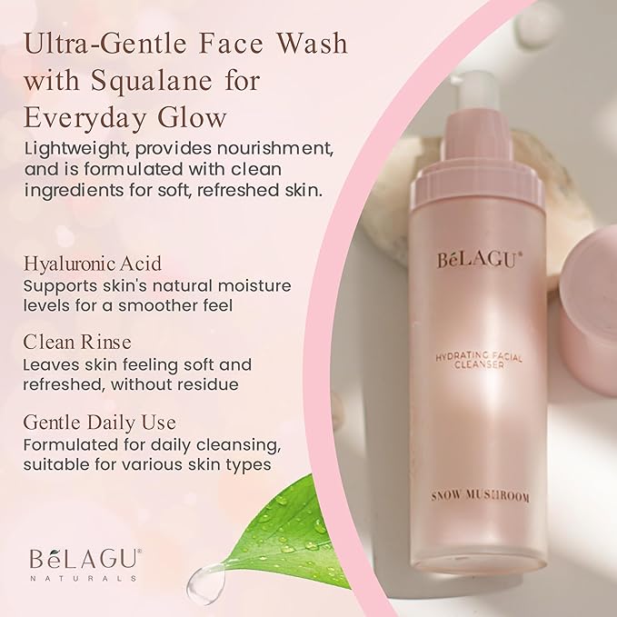 BeLAGU Hydrating Facial Cleanser with Squalane - Gentle Water Based Cleanser and Face Wash for Sensitive Dry or Oily Skin - Natural Daily Cleansing to Hydrate and Calm Clean Balanced Skin - 4.1 fl oz