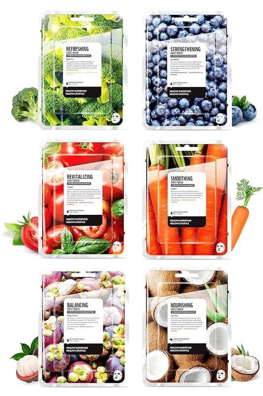 FARMSKIN Superfood Salad Sheet Mask Set of 6 | Korean Face Mask Sheets w/Mangosteen, Broccoli, Carrot, Coconut, Blueberry & Tomato | Refreshing, Nourishing & Cruelty-Free Face Mask Skincare Set