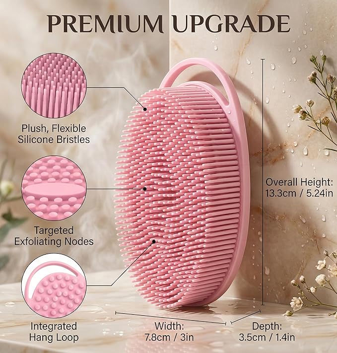 Silicone Body Scrubber 3-Pack – 2-in-1 Shower Exfoliating Brush with Handle, Gentle & Durable Loofah Alternative – Black, Green, Pink