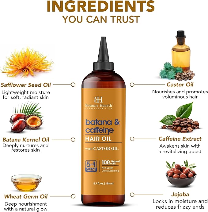 Botanic Hearth Caffeine & Batana Oil for Hair Growth (6.7 fl oz)|Nourishing and Strengthening Hair Treatment for Thicker, Healthier|Looking Hair | Paraben Free | Suitable for All Hair Types