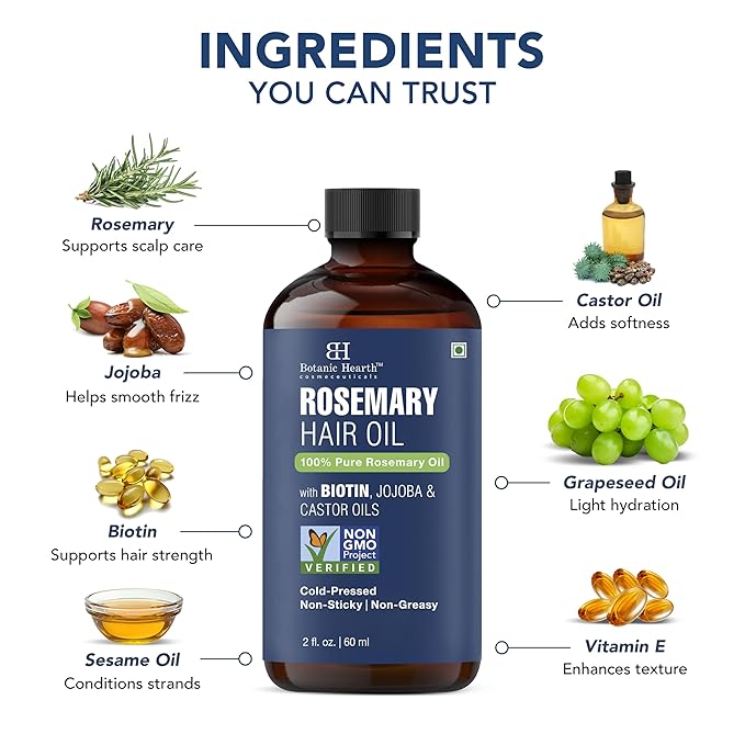 Botanic Hearth 100% Pure Rosemary Oil For Hair Growth | Infused With Biotin, Jojoba & Castor Oil | Hair Oil Repairs Dry Damaged Hair, Strengthening, Healthier - Hair Tonic, 2.0 fl oz