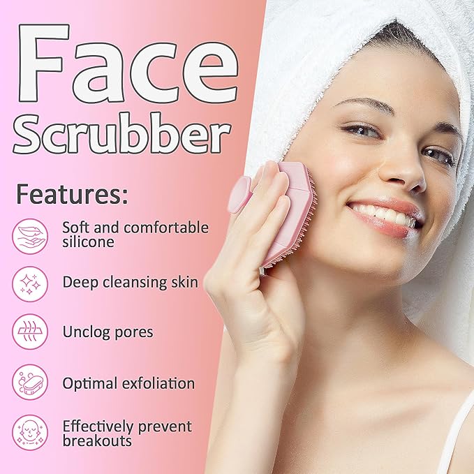 3 Soft Silicone Skin Scrubbers - Body Scrubber Exfoliating Brush Bath Shower Tool, with Gentle Manual Face Cleansing Wash Scrubber, with Hair Scalp Massager Shampoo Brush (Pink)