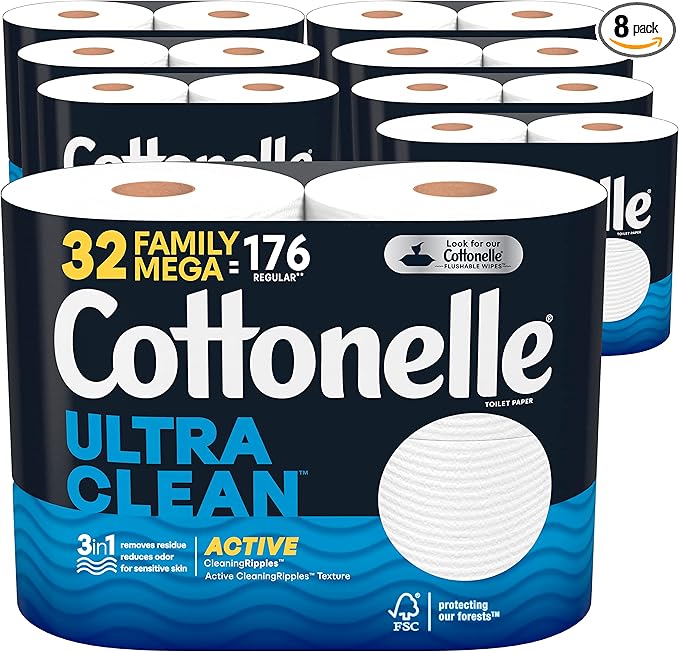 Cottonelle Ultra Clean Toilet Paper with Active CleaningRipples Texture, Strong Bath Tissue, 32 Family Mega Rolls (32 Family Mega Rolls = 176 Regular Rolls) (8 Packs of 4), 388 Sheets per Roll White