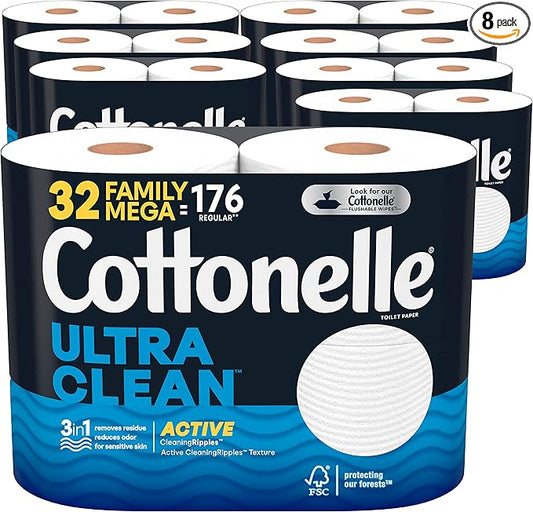 Cottonelle Ultra Clean Toilet Paper with Active CleaningRipples Texture, Strong Bath Tissue, 32 Family Mega Rolls (32 Family Mega Rolls = 176 Regular Rolls) (8 Packs of 4), 388 Sheets per Roll White