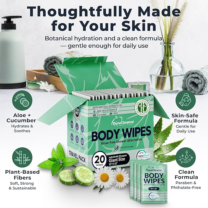 Travel Body Wipes for Women - 20 XL Shower Wipes for Adults Bathing No Rinse - Individually Wrapped 10”x10” Disposable Washcloths - Feminine Hygiene Essentials, Gym, Backpacking, Camping Must Haves