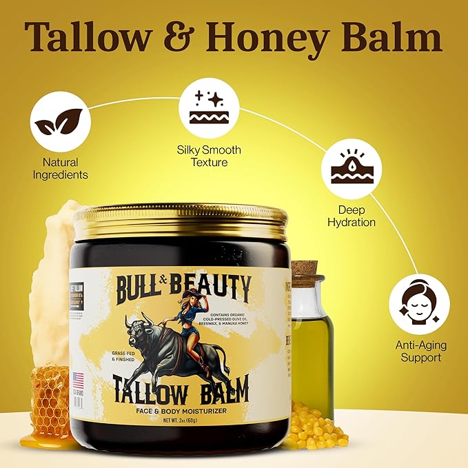 Organic Beef Tallow and Honey Balm Organic Beef Tallow for Skin - 100% Grass-Fed Unscented Beef Tallow Moisturizer for Skin & Face with Manuka Honey, Olive Oil & Beeswax (2 Ounce (Pack of 1))