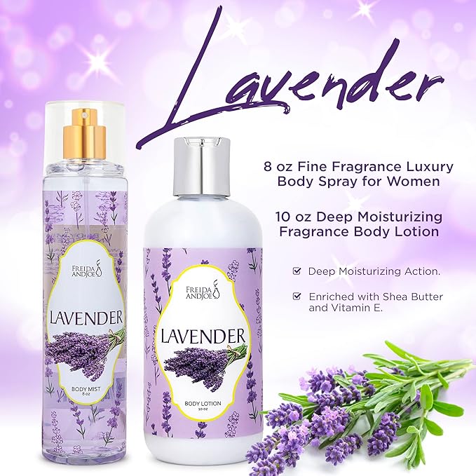 Home Spa Gift 10oz Deep Moisturizing Fragrance Body Lotion & 8 oz. Fine Fragrance Body Mist Set Luxury Self-Care Combo for Women and Girls (Lavender)