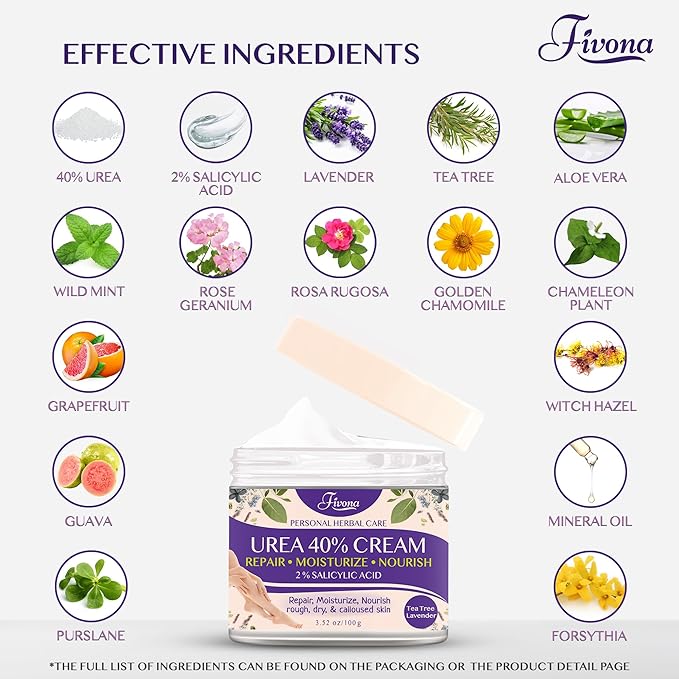 FIVONA 40% Urea Cream with 2% Salicylic Acid - Foot Cream with Tea Tree and Lavender Extracts Foot Lotion for Dry Cracked Heels, Dead Skin & Callus Remover, Feet Moisturizer Repair Cream