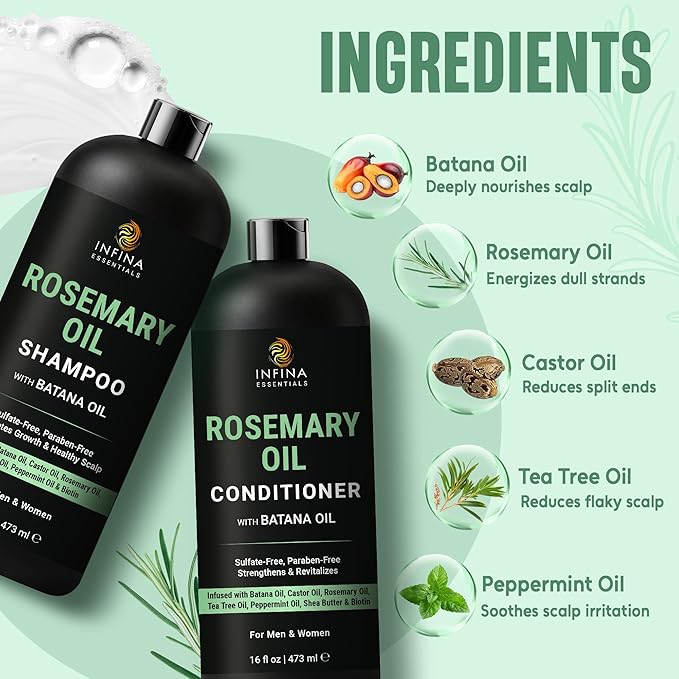 Rosemary Oil Shampoo and Conditioner Set | 16 fl oz Each | with Batana Oil | Sulfate-Free, Moisturizing & Nourishing Formula | Supports Thinning Hair for Men & Women