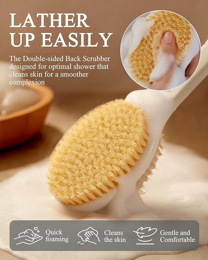 Shower Brush for Massage Dry Brushing: Back Scrubber for Shower with 18.1 in Anti Slip Long Handle - Bath Body Brush for Lymphatic Drainage, Exfoliator Improving Skin Health for Women Men Elderly Grey