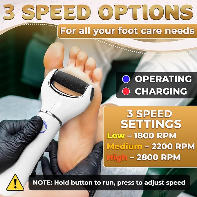 Rechargeable Electric Foot File Callus Remover – 3-Speed Foot Scrubber Electric (1800/2200/2800 RPM), Dry Skin Remover for Feet – 1200mAh, 70 Min Runtime, 2 Replacement Rollers 80 and 60 Grit