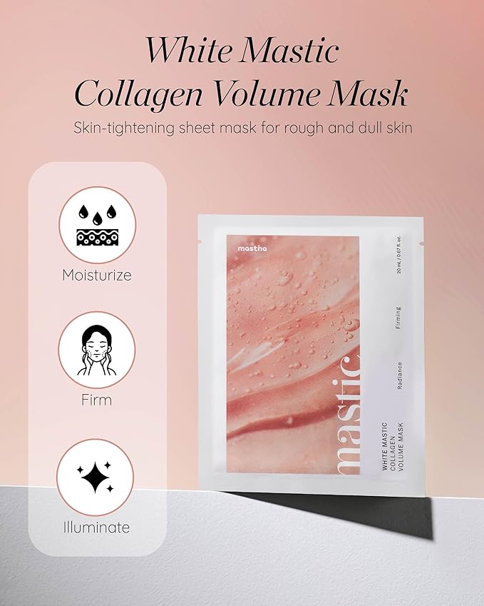 MASTINA White Mastic Collagen Face Sheet Mask (4 Pack), Korean Anti-Aging Treatment for Firming & Lifting, with Hyaluronic Acid for Deep Hydration, Visibly Plumps & Reduces Appearance of Sagging Skin