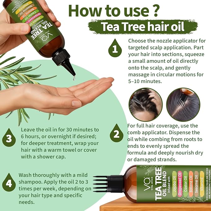VITAL AFFAIR Tea Tree Oil For Hair With Jojoba, Castor, Batana Oil - Tea Tree Hair And Scalp Treatment - Hair Oil For Dandruff - Helps Strengthen, Volumize & Promotes Hair Growth - 6 Fl Oz