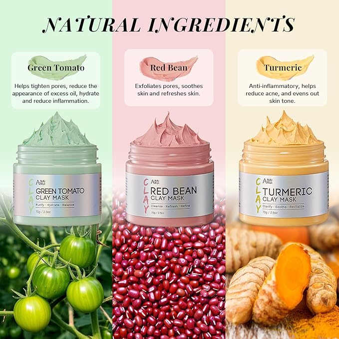 ANAI RUI 3 Pcs Pore Cleansing Face Mask Set,Green Tomato Clay Mask - Turmeric Vitamin C Facial Mask Red Bean Refreshing Pore Mask, Self Care Gifts Christmas Gifts for Women/Teens girls 2.5 oz each