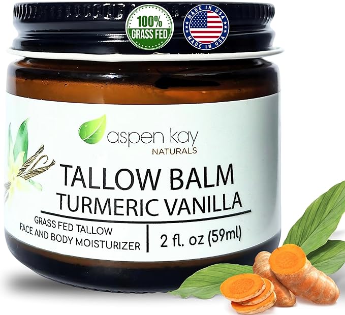 Aspen Kay Naturals Handmade 100% Grass Fed Beef Tallow Balm for Skin Care, Organic Turmeric Moisturizer + Vitamin C (Turmeric Vanilla) Organic Body Butter - 2 fl. oz. Made in USA