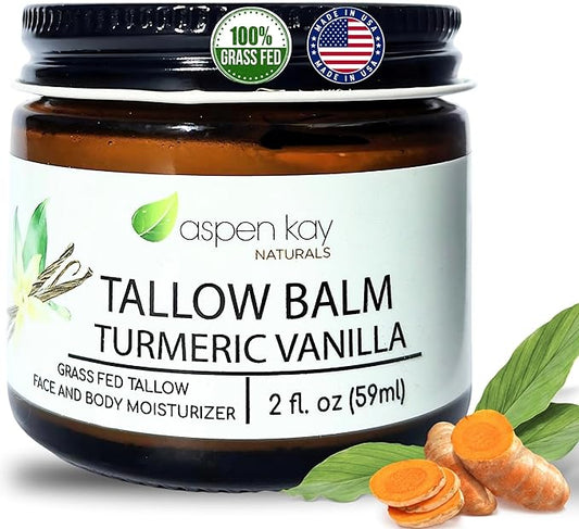 Aspen Kay Naturals Handmade 100% Grass Fed Beef Tallow Balm for Skin Care, Organic Turmeric Moisturizer + Vitamin C (Turmeric Vanilla) Organic Body Butter - 2 fl. oz. Made in USA