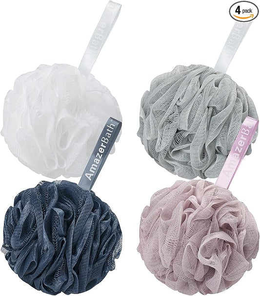 AmazerBath Loofah Sponge 75g/Piece, Exfoliating Bath Sponge Body Scrubber - Loofa Set of 4 Grey Blue-Pink-Grey-White (Large)