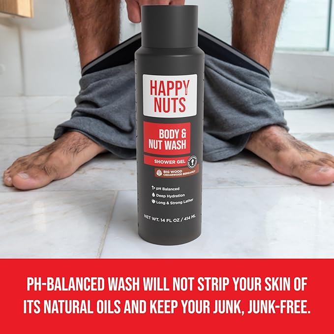 HAPPY NUTS Big Wood Body and Nut Wash - Moisturizing Men's Shower Gel, Bodywash with Deep Cleanse for Sensitive Skin - Men's Body Soap