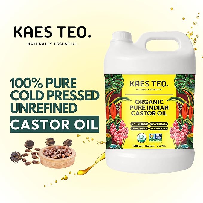 Organic Castor Oil 1 Gallon (128 fl oz) Bulk, 100% Pure Cold-Pressed, Hexane Free, Eyelash, Eyebrow & Hair Growth Serum, Skin Moisturizer, Massage, Hair Loss, Dandruff, Detox and Wraps