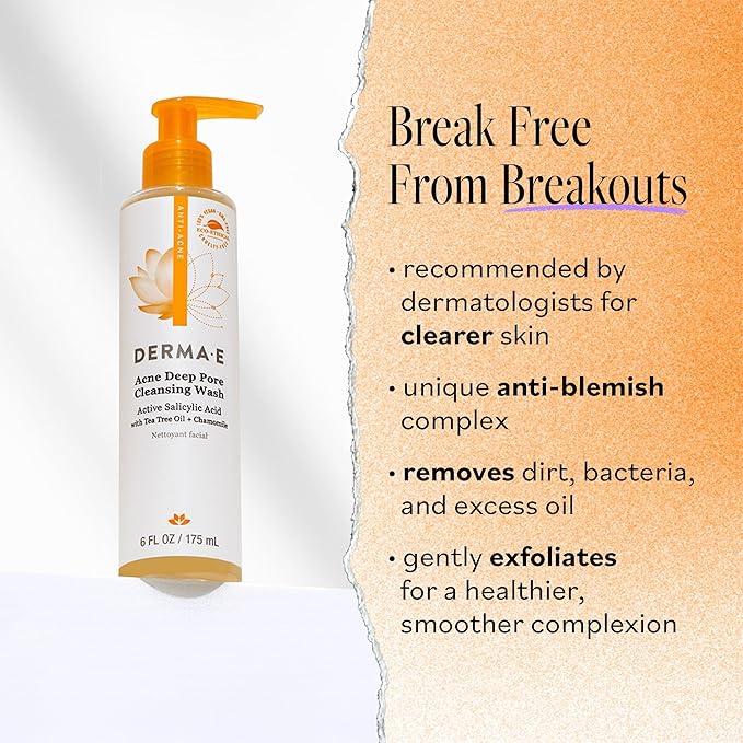 Derma E Acne Deep Pore Cleansing Wash – Blemish Control Facial Cleanser with Salicylic Acid - Gentle Oil Control Face Wash Soothes and Balances Skin, 6 fl oz