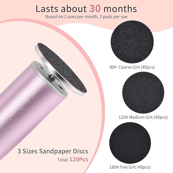 Rechargeable Electric Foot Callus Remover with 3-Sizes 120Pcs Sandpaper Discs, Professional 900RPM 3-Speed Control Aluminum Electric Foot File (E3 Rose Pink)
