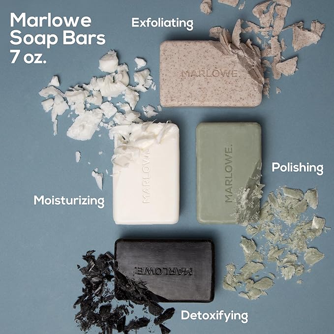 MARLOWE. Soap Bar Discovery Gift Set, Mens Skin Care Variety Selection of Exfoliating Body Scrub, Charcoal, Moisturizing & Polishing Body Bar Soaps for Men, 12 Pack