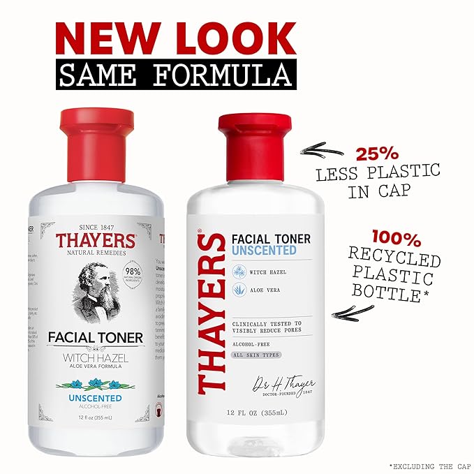 THAYERS Alcohol-Free, Hydrating, Unscented Witch Hazel Facial Toner with Aloe Vera Formula, Vegan, Dermatologist Tested and Recommended, 12 Oz (Packaging May Vary)