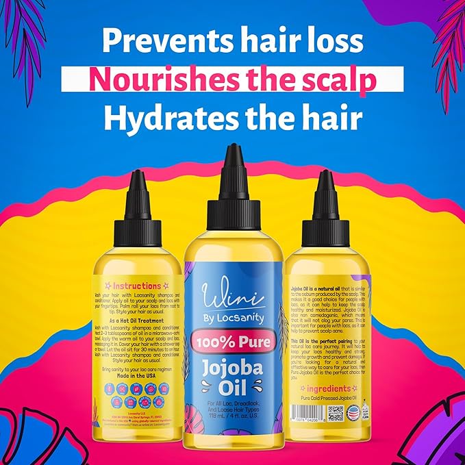 Locsanity Wini Pure 100% Jojoba Oil Organic Cold Pressed Unrefined Non-GMO - 4 fl oz: Moisturizing Face & Hair Oil for Growth, Skin Care, Strengthening & Nourishing