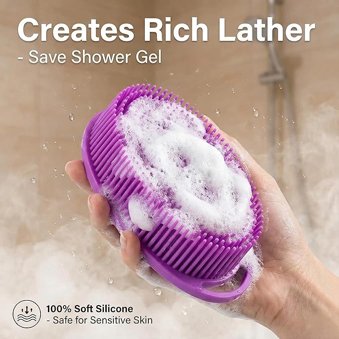 Silicone Body Scrubber Exfoliating 3 Pack, Shower Scrubber for Body,Loofah Alternative for Women Men, 2 in 1 Bath and Shampoo Brush with Handle,Body Exfoliator Tool for Skin, Back-Purple, Blue, Green