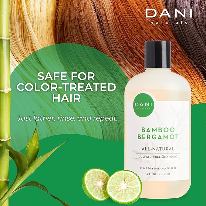 DANI Naturals Shampoo - Bamboo Bergamot is a sulfate-free, vegan, and organic shampoo that deeply hydrates and nourishes dry and curly hair, leaving it soft, smooth, and manageable.