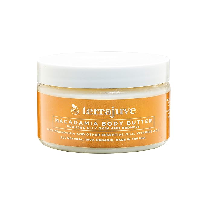 Terrajuve Organic Macadamia Body Butter Lotion, Reduces Oily Skin, 100% Pure, All Natural, Made in USA (4 Oz)