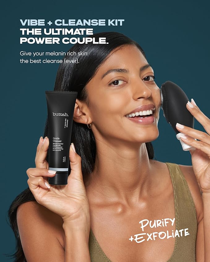 Buttah Skin by Dorion Cleanse + Vibe Brush Kit | Vibe Cleansing Face Brush | Buttah Facial Cleanser 3.4oz | 2-Speed Sonic Pulsating - Gentle Exfoliation - Water Resistant
