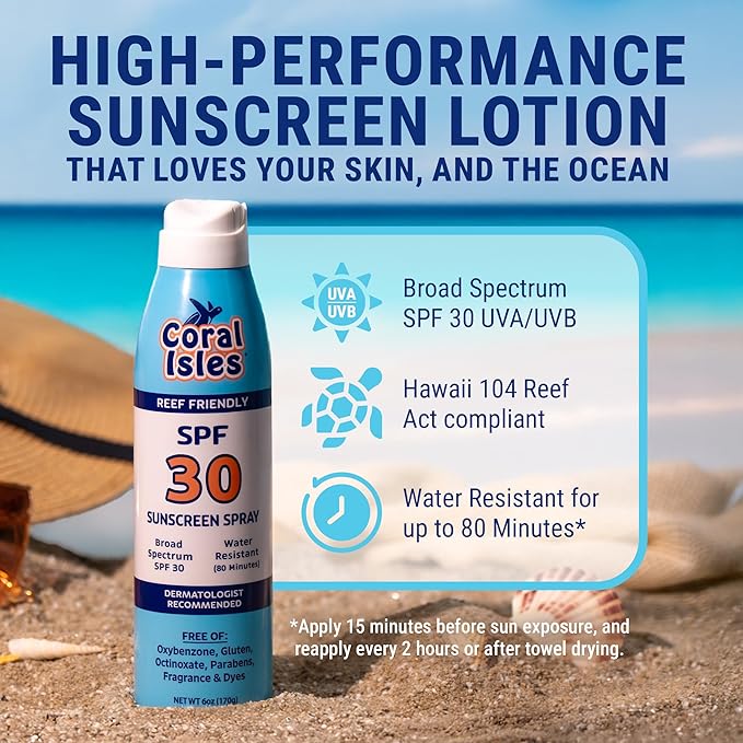 Coral Isles SPF 30 Sunscreen Spray - Hawaii Compliant - Oxybenzone & Octinoxate Free - Broad Spectrum - Water Resistant, 6 Fl Oz (Pack of 3)